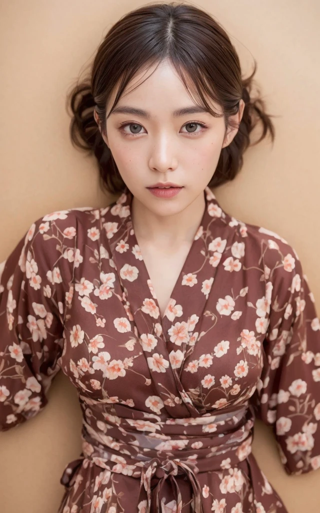 ((Highest quality, 8k, Tabletop: 1.3)), beauty, 1 Japan, big: 1.3, Dark brown hair, (Leg spread: 1.2), Detailed face, Highly detailed lips, Detailed eyes, double eyelid, Open yukata, Sweaty skin: 1.2, ((From above: 1.5)), sexy
