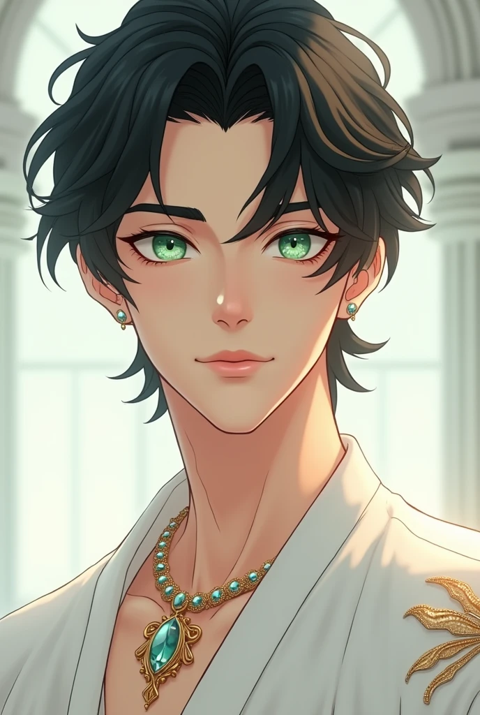 black hair, light green eyes, A handsome man in his 20s, portrait, Dressed in white and wearing jewels, Sacredness, White, soft skin, realistic animation, Wounded