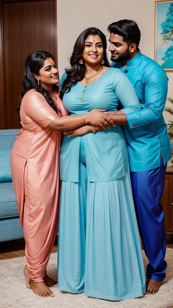 A radiant, full-figured South Indian plus-sized 45-year-old aunty wearing a sky blue salwar, tenderly hugging a jubilant group of 25-year-old men in living room, captured in a full-body image with vibrant hues and meticulous details.