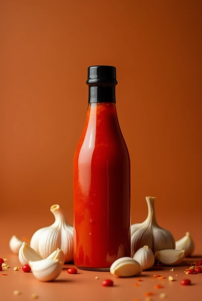 a commercial photo of a hot sauce , in the background a brown background with some foods and garlic and the sauce bottle in the middle