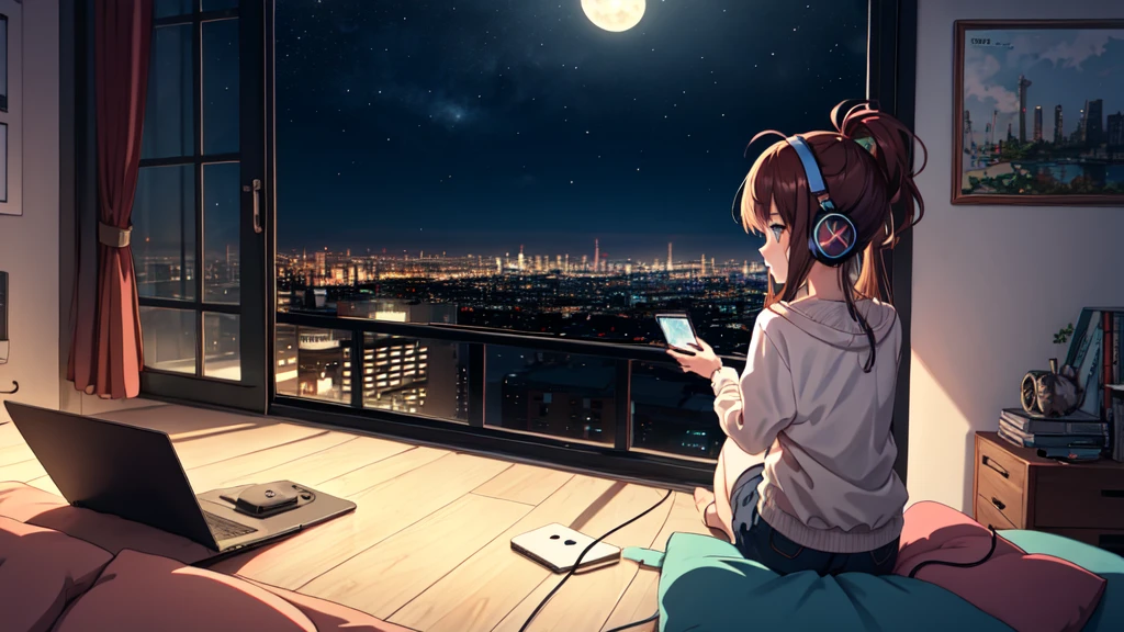 Ultra wide angle, (from behind), Girl listening to music with headphones on bed, anime girl, Girl listening to music in a cozy room (night), Using headphones, on the roof, (beautiful night views from windows), Lots of things, 2D anime style, The aesthetics of anime in the 90s, lo-fi, very detailed, hard disk, A mix of anime style and Fujifilm, surreal, 8K, masterpiece