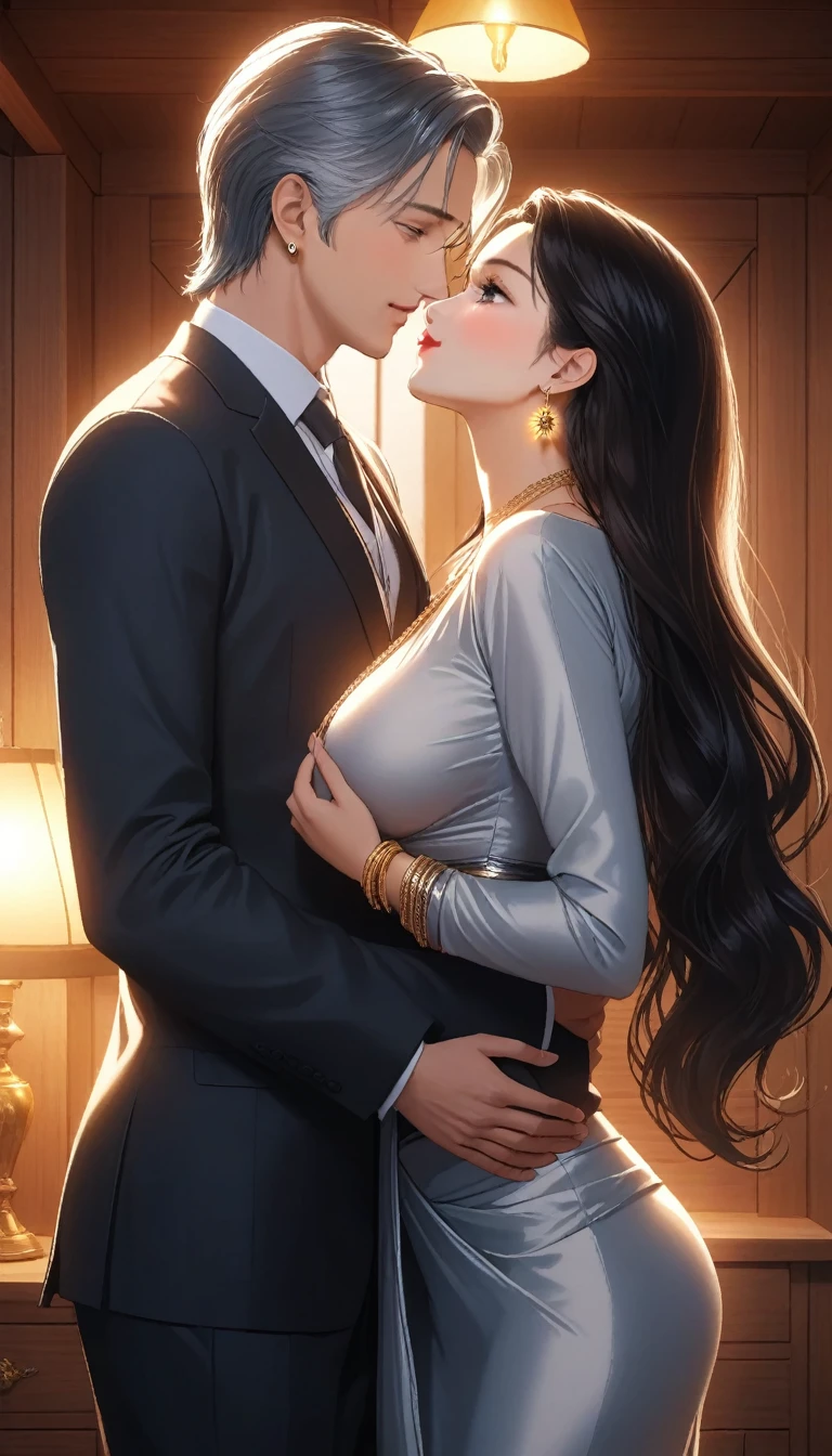 (1woman lady having french kiss with old man in suit in cabin, mature,wavy blunt silky hair , thin silk grey full sleeve blouse and fashion saree stripes and  beautiful design, big long bell  jhumka earrings, detailed alluring eyes, smooth detailed lips, beautiful face, smiling, navel, bangles, saggy breasts, photorealistic, 8k, hyperdetailed, vibrant colors, studio lighting, masterpiece, cinematic composition, dramatic lighting, intricate details, highly realistic skin textures, volumetric lighting, beautiful intricate jewelry, warm color palette, natural lighting, elegant pose, beautiful detailed expression, hyper realistic rendering, seamless blending, flawless skin, glowing skin, delicate features, breathtaking realism, striking composition),tall , necklace, bangles ,navel,full body view