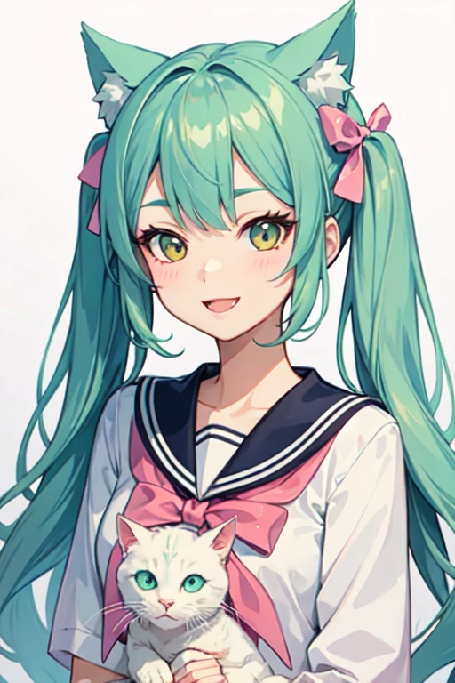 A girl with mint hair and twin tails. She has white cat ears and wears a cute and sweet pink sailor outfit. She looks cheerful.