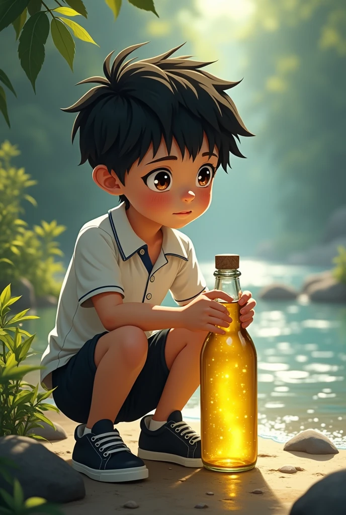 Nico 10 years old boy  ( Brown eyes, black hair and white skin, He is wearing a white polo shirt, black shorts and black sneakers)  He picks up the yellow bottle from the river and holds it in his hand, thinking about what to do.