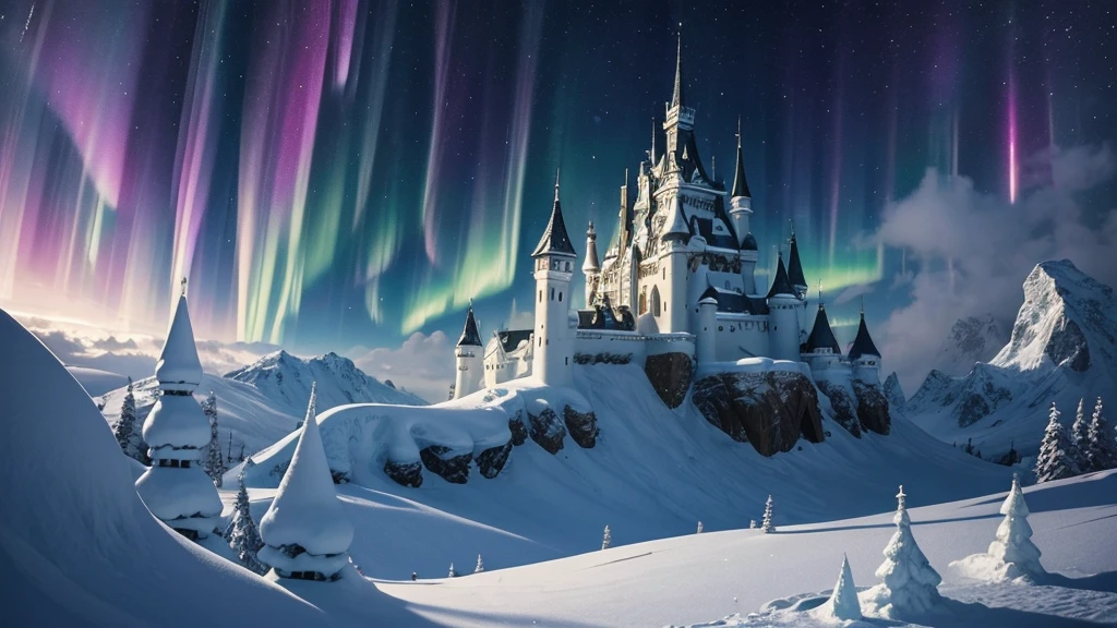 ((masterpiece)),((Highest quality)),((High Detail)),nobody,background, fantasy, Ice Castle,snow,Small Aurora