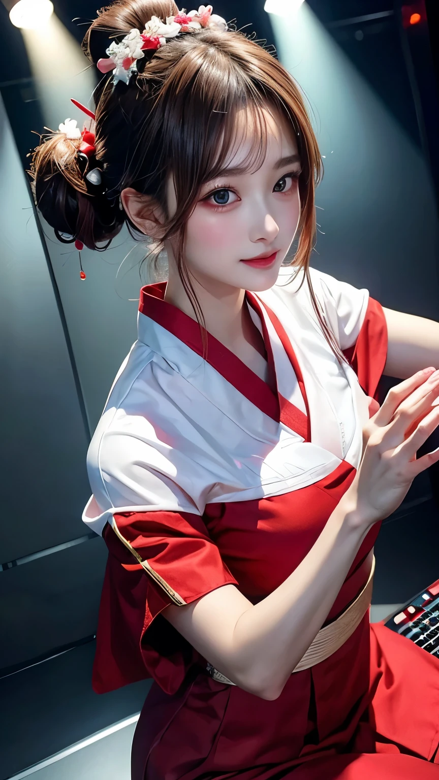 Top quality, ample limbs, perfect fingers, slender beauty, twin-tailed bun hairstyle, brown hair, Deresute, A costume of haori and hakama with a flashy pattern,Band instrumentskeyboard, beautiful large breasts, live stage, Playing Band InstrumentsKeyboard