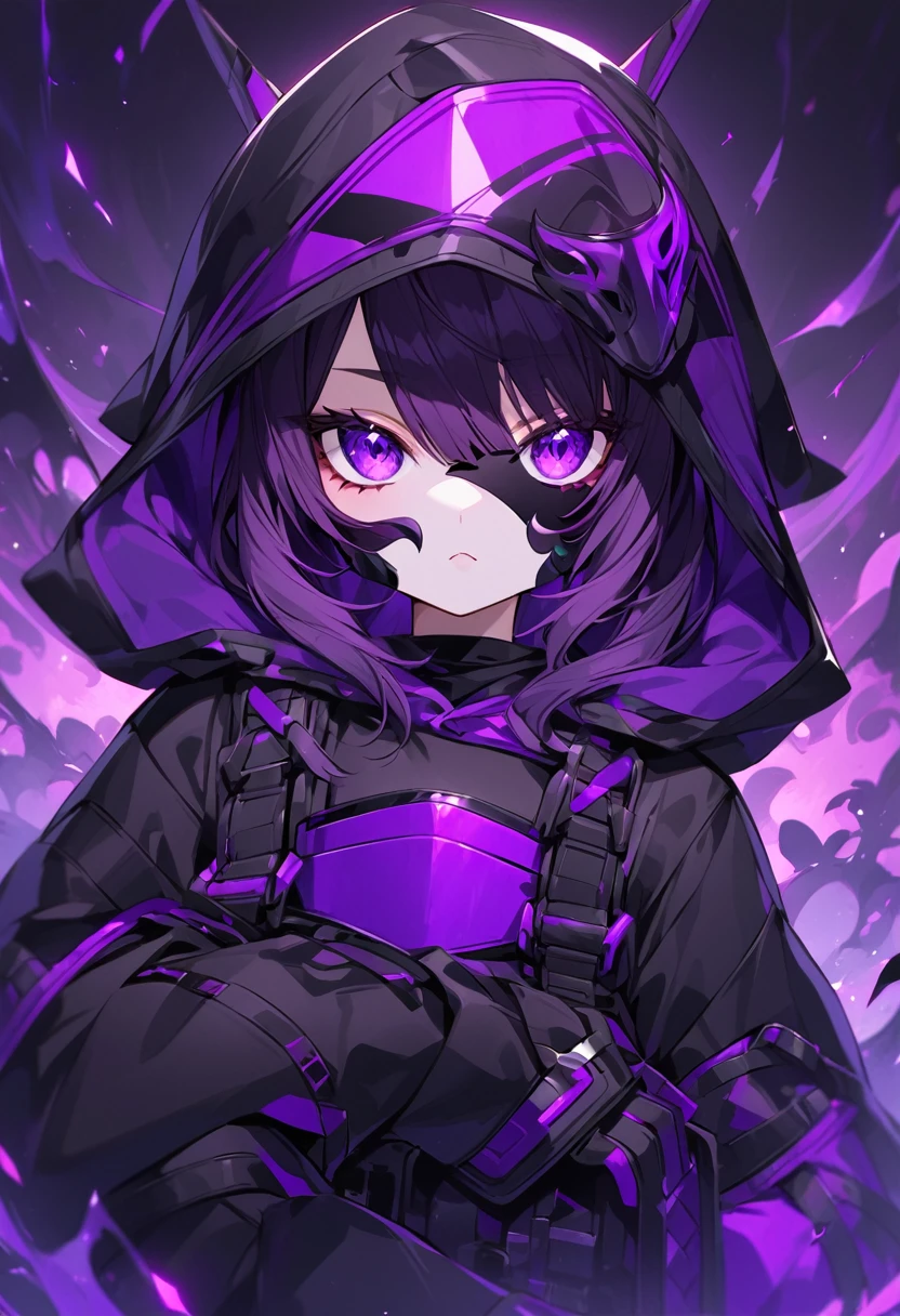 Creates an image based on these following characteristics: ### name: Kage and Yūsha Appearance:
- **vestimentas:** Dark ninja costume with bright purple accents.
- **mask:** mask de rosto completo com um padrão roxo que brilha na escuridão..