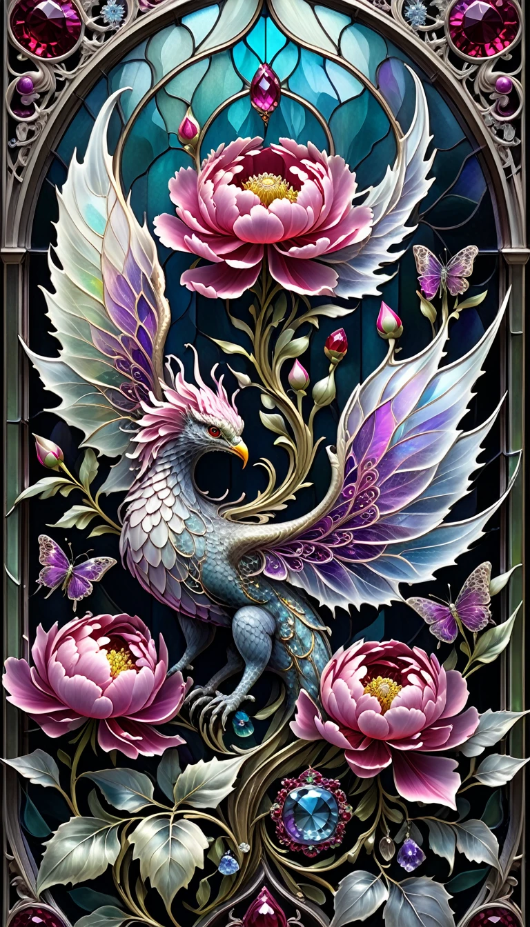 triadic colors, cinematic, official art, close fairytale transparent glass hydra ruby peony flowers, ice hoarfrost, baroque, Craola, highly detailed stained glass wings, amethyst crystals, labradorite iridescent crystals, Andy Kehoe, John Blanche, complex highly detailed background, child book detailed illustration, fantasy, filigree, filigree detailed, intricated, cute
