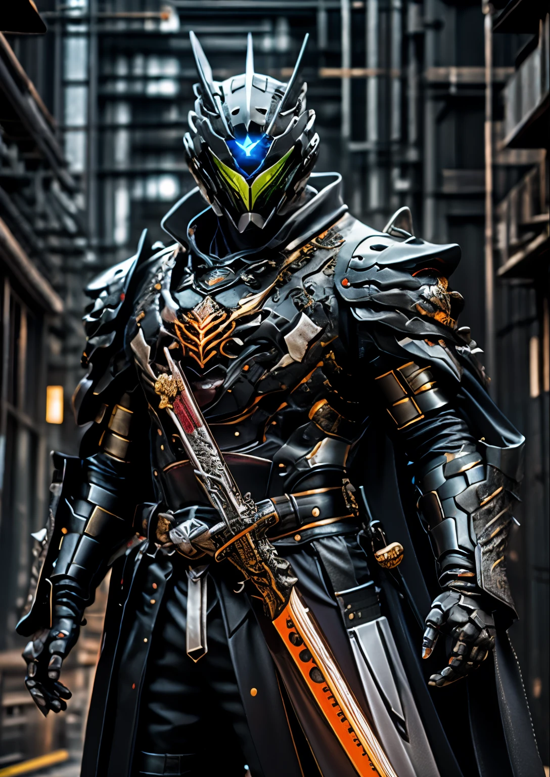 A cyberpunk samurai, ****ung boy, ((alone)), (holding an orange glowing sword), (in a high guard stance), wearing white and black armor and mask, cape, glowing beautiful blue eyes, glowing, simple black background