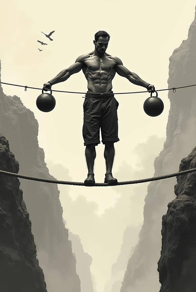 A man balancing on the rope with two hand holding weight in hand image should look like drawings 