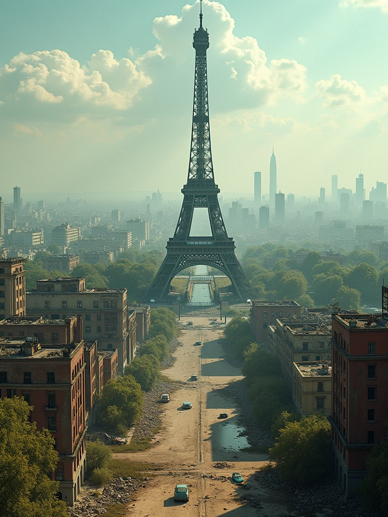 eiffel tower in a post-apocalyptic scene, super detailed, color code, aerial view — 9 ar:16 —Q5