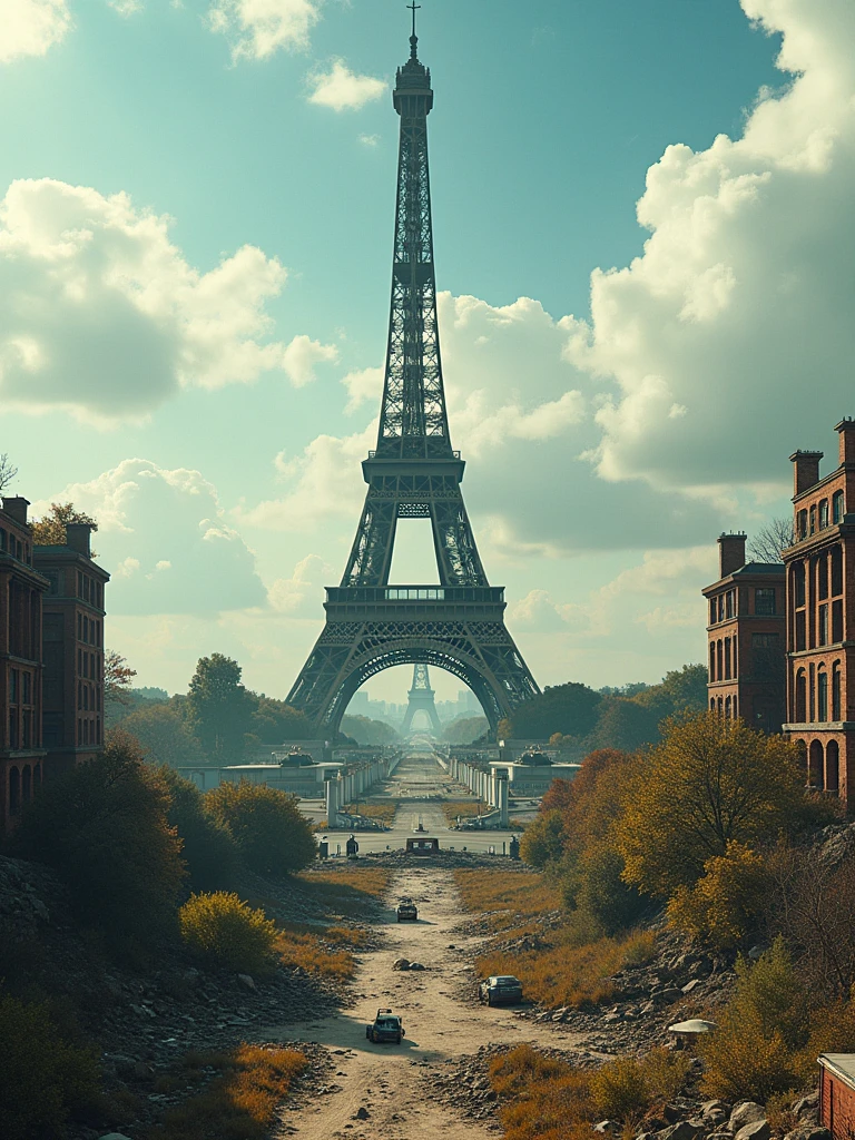 eiffel tower in a post-apocalyptic scene, super detailed, color code, aerial view — 9 ar:16 —Q5