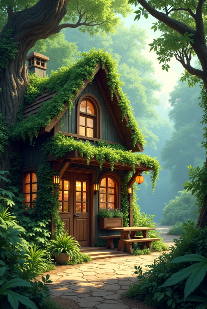 A coffee shop in the forest.
There are lots of vines growing outside the shop. Photography, illustration, 3D rendering, painting, vivid
