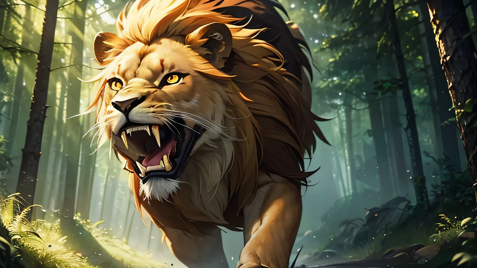 Motion scene, lion in the forest, roaring fiercely, glowing yellow eyes, bright eyes, sharp fangs, dim lighting, hyper-realistic, cinematic lighting, intricate details, 8k, high quality, photorealistic, dramatic, powerful, majestic