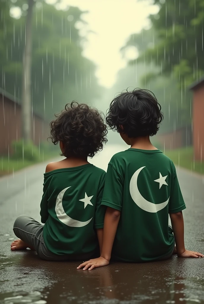 (photorealism:1.2), beautiful kids boys , sitting on  road wearing loose off-shoulder top, pakistan falg t shirts pants, long curly hair, , soft lighting, 
 background, rain and they going alone cozy relaxed pose, realistic, intricate details, warm colors, by Greg Rutkowski, by Alphonse Mucha