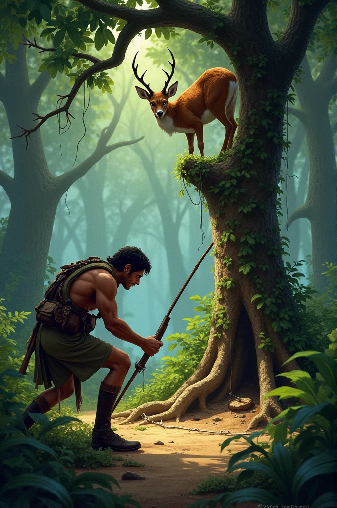 A cunning hunter stealthily approaches the Peepal tree in the jungle, setting a trap under the tree to catch Haran. The scene is suspenseful, with the hunter's sneaky movements, the hidden trap, and Haran watching silently from above, planning his next move to protect himself and Chiku."