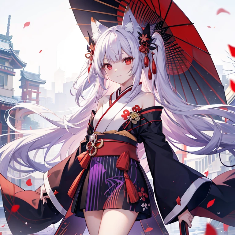 Long Hair, Red eyes, Fox Ears, Attention to detail, Silver Hair, Both sides up, Animal ears , happiness/joy, anime, Spread your legs Swaying in the Wind Fox Tail Red and black kimono Twin Side Up smile Too much exposure Shoulder exposed Light purple on hair tips Japanese Umbrella