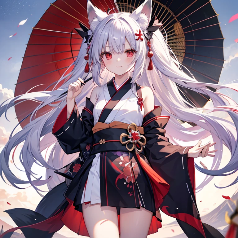 Long Hair, Red eyes, Fox Ears, Attention to detail, Silver Hair, Both sides up, Animal ears , happiness/joy, anime, Spread your legs Swaying in the Wind Fox Tail Red and black kimono Twin Side Up smile Too much exposure Shoulder exposed Light purple on hair tips Japanese Umbrella
