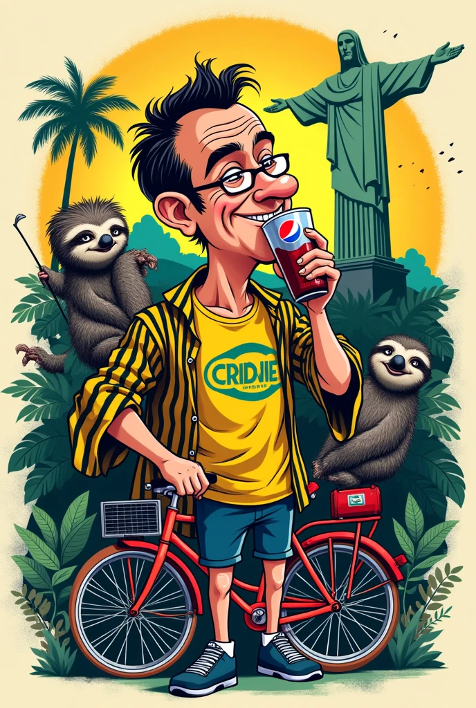 Ninth grade graduating class t-shirt with a caricature of Rui Barbosa drinking Pepsi, a stripe on the sleeve, a sloth with Mandrake glasses, bike, Christ the Redeemer and graffiti style 
