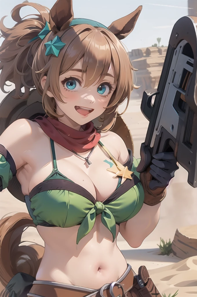 masterpiece, Highest quality, High resolution, peace, Aqua Eye, Ma Niang, star hair ornament, Horse tail, bandana, Exposing shoulders, Cleavage, Front tie top, Bikini under clothes, Armband, belly button, Brown gloves, skirt, star (symbol), belt, Weapons with holsters, zettai ryouiki, Purple knee socks, smile, Open your mouth, Eyes Wide Open, desert, surprised, View your viewers, Cowboy Shot, Raise your eyebrows, Happy