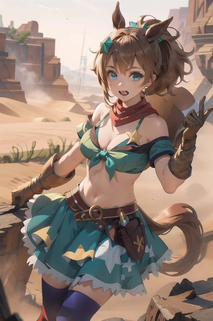 masterpiece, Highest quality, High resolution, peace, Aqua Eye, Ma Niang, star hair ornament, Horse tail, bandana, Exposing shoulders, Cleavage, Front tie top, Bikini under clothes, Armband, belly button, Brown gloves, skirt, star (symbol), belt, Weapons with holsters, zettai ryouiki, Purple knee socks, smile, Open your mouth, Eyes Wide Open, desert, surprised, View your viewers, Cowboy Shot, Raise your eyebrows, Happy