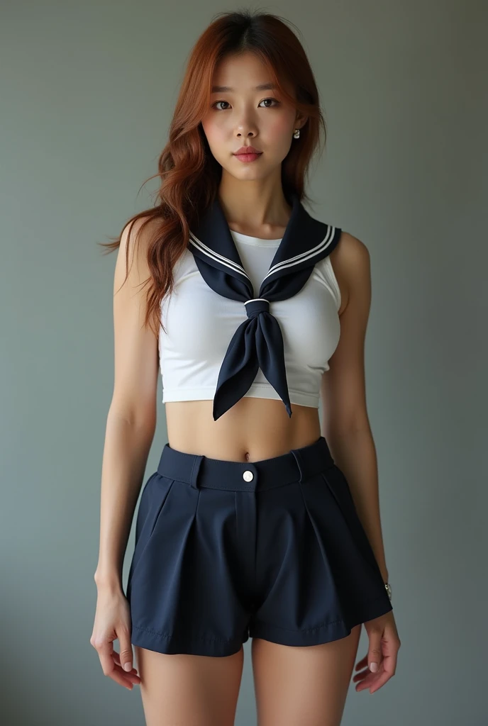 extremely muscled Korean female bodybuilder wearing men's high school uniform