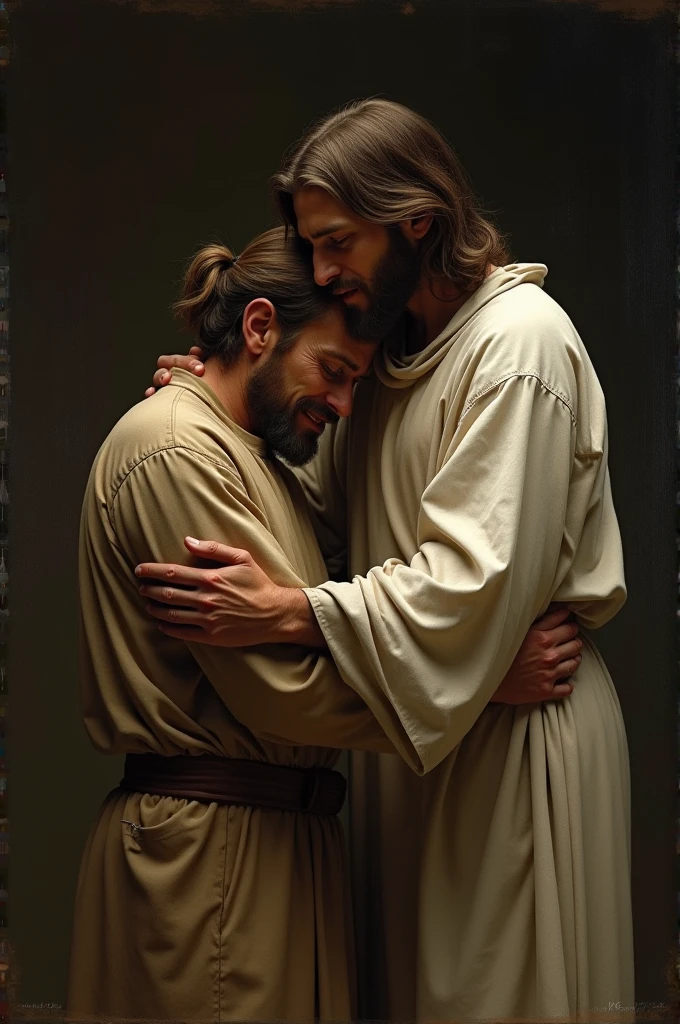 Jesus comforting a clothed man who is crying