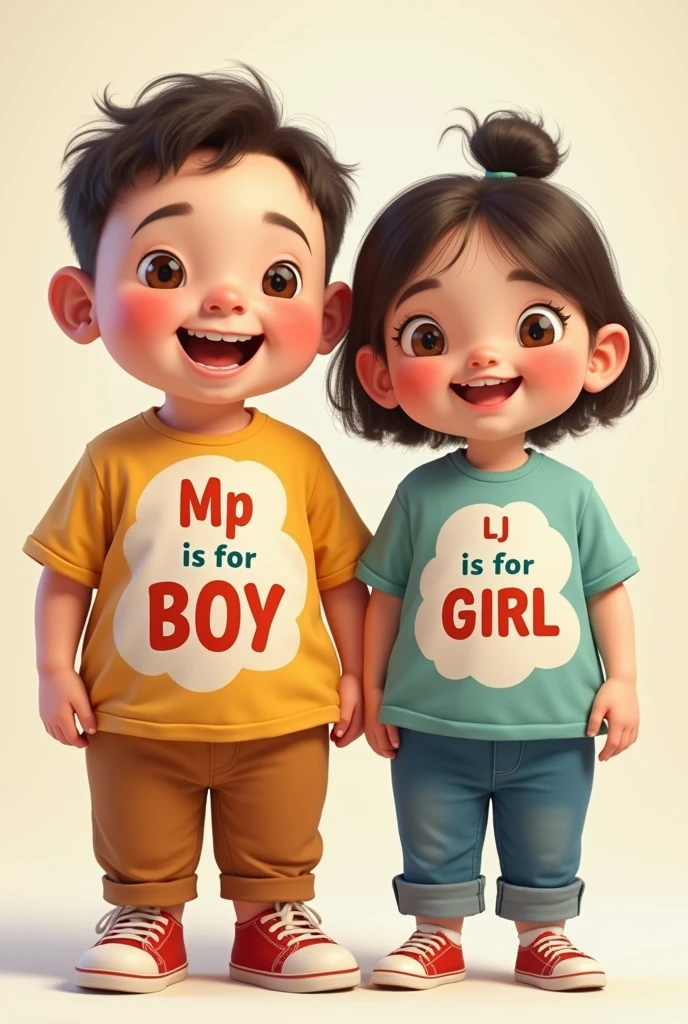 Create an image of a couple waring shirt with tag Mp is for BOY and Lj for GIRL!!
And also the boy is chubby