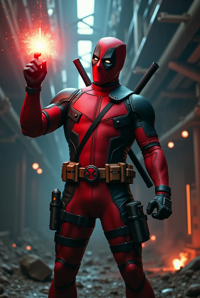 Deadpool grabbing the arc reactor with his hand