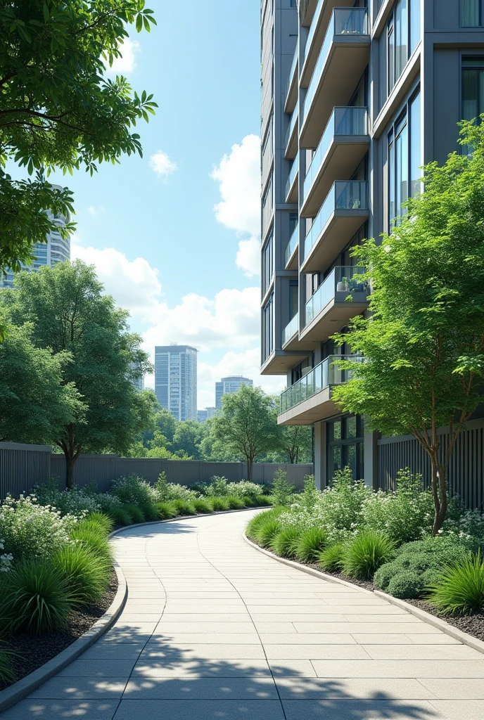 I want an image with a sidewalk in the background, a condominium.