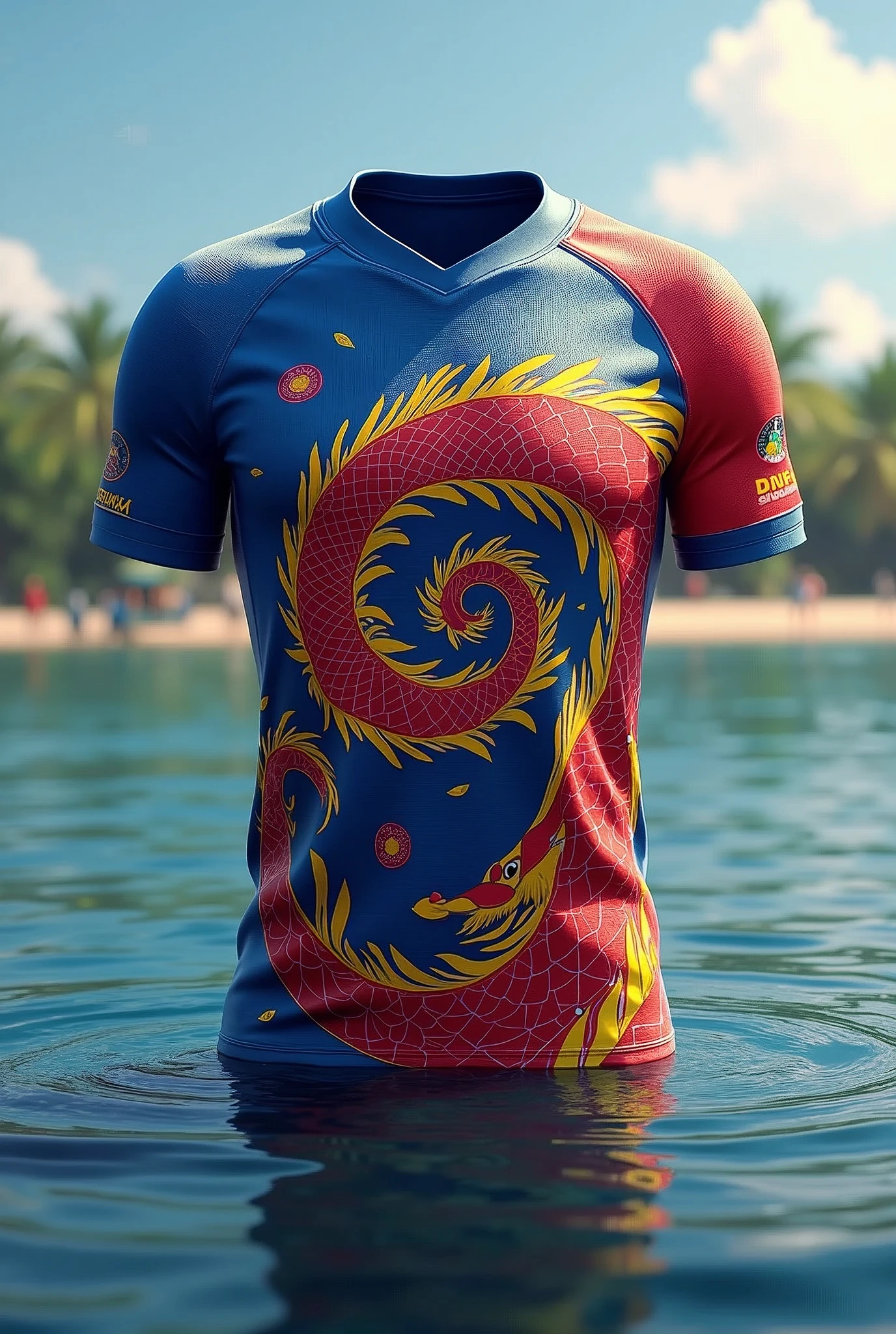 Create jersey uniform for dragon boat team from Philippines who will compete in the international race, incorporate subtle flag of the Philippines in the design