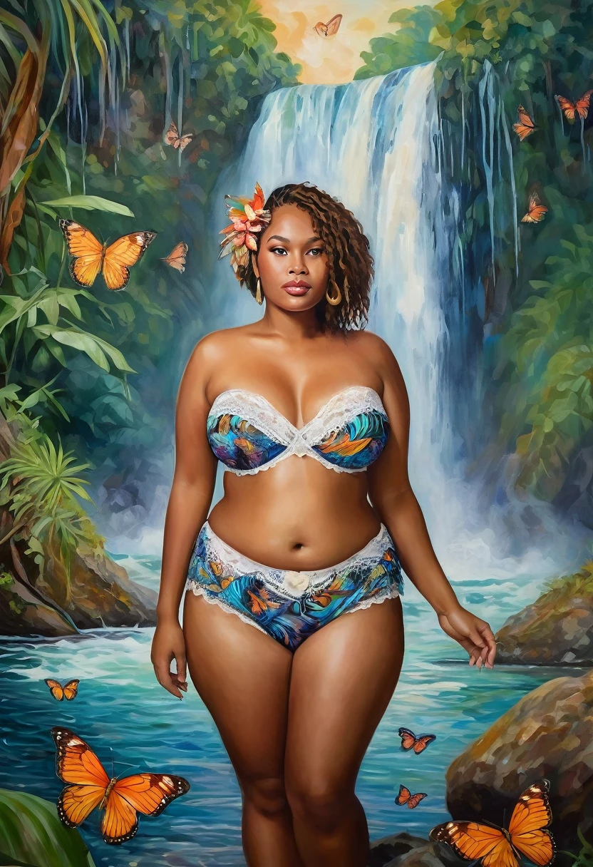 Dreamy Wonderland theme, portrait of a plus size Papua New Guinean woman against a backdrop of waterfall in impressionistic painting style. her hair and face merges into the waterfall. highly detailed painting has wide hips and huge chest. Beautiful face, wearing lacy summer briefs, a conch shell lies on the shore, birds flly in the distant sky, flowers and butterflies in the foreground, highly detailed face,"