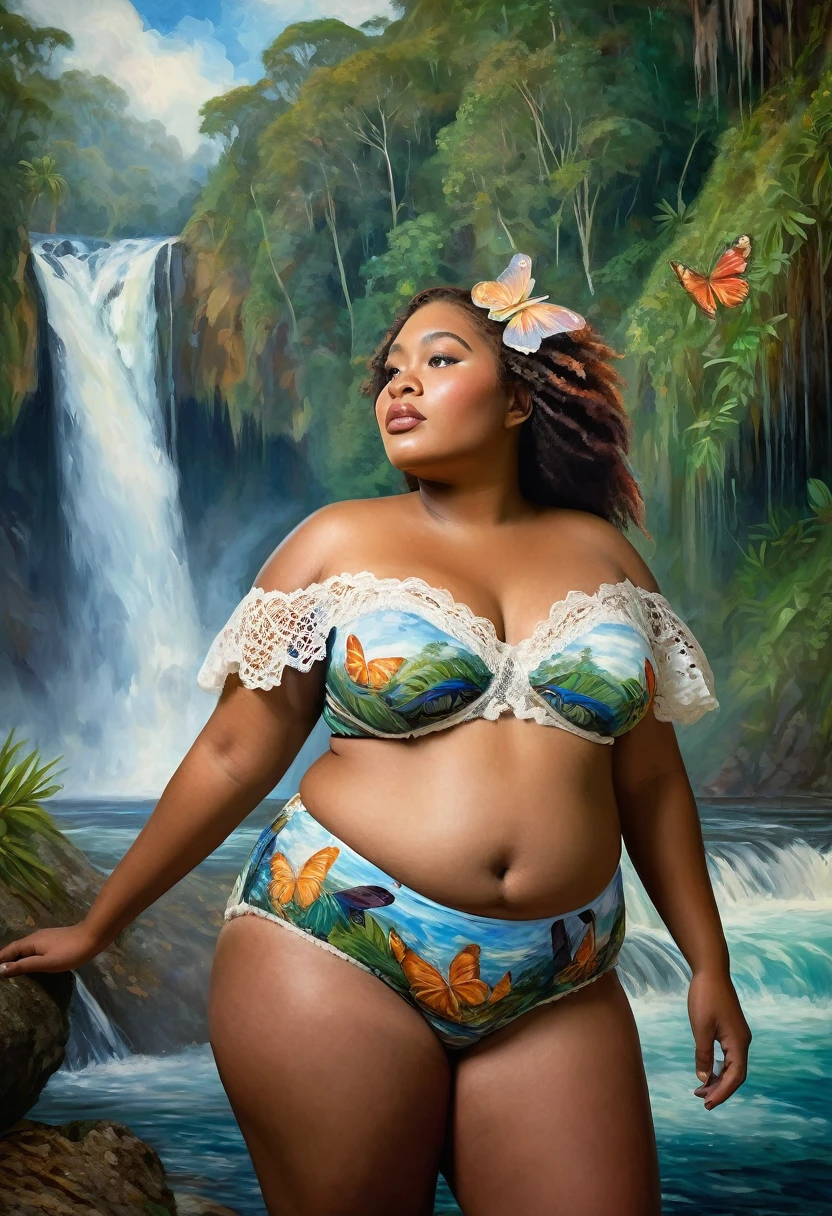 Dreamy Wonderland theme,  portrait of a plus size Papua New Guinean woman against a backdrop of waterfall in impressionistic painting style. her hair and face merges into the waterfall. highly detailed painting  has wide hips and huge chest. Beautiful face, wearing lacy summer briefs, a conch shell lies on the shore, birds flly in the distant sky, flowers and butterflies in the foreground, highly detailed face,"