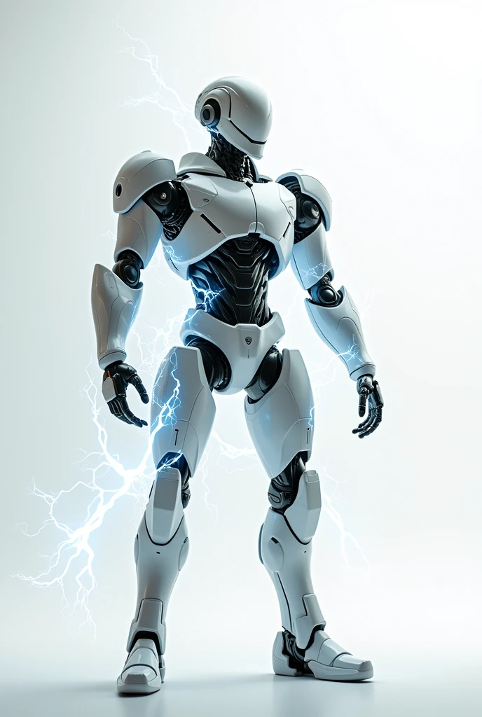 A robot on a white background, this robbery is being possessed by a bolt of light that looks like energy and it is hitting