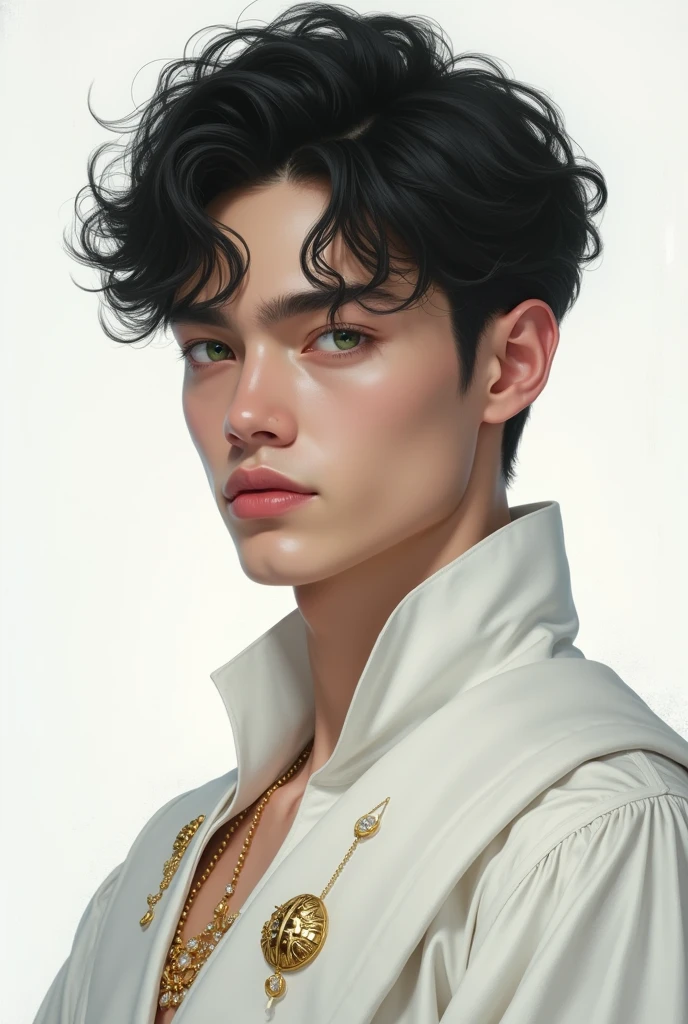 black hair, light green eyes, A handsome man in his 20s, portrait, Dressed in white and wearing jewels, Sacredness, White, soft skin, Realistic painting, Wounded