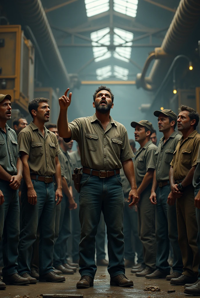 A group of workers in a factory, with noisy machines in the background and expressions of tiredness and dissatisfaction on their faces. A worker speaks to others in a loud voice.*  
**texto:** "We are working more hours, but the salaries remain the same! We need to unite and fight for better conditions!"