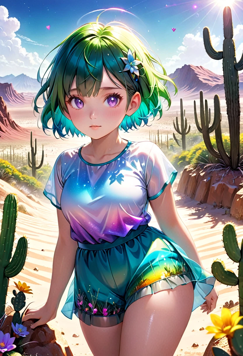 holographic 1girl, solo, thicc, chubby, fat, short sleeve shorts romper with flowy sheer skirt, vibrant colors, Multichrome shifts with (Purple) (Teal) (Green), super short realistic hair, Pixie haircut, Multichrome shift hair, desert on another planet background, backlighting, sunny, depth of field, by tsukioka tsukiho, absurd res, cactus, heart ahoge, Ultra realistic photo, (((masterpiece))), best quality, CG, wallpaper, HDR, high quality, high-definition, extremely detailed, {beautiful detailed girl}, {beautiful detailed eyes}, (detailed light){{intricate detail}}, {highres}, {{ young girl}}, Jewel-like eyes, {flowers}, sunlight, {{surrounded by floating lights}}, (((detailed gorgeous face)))