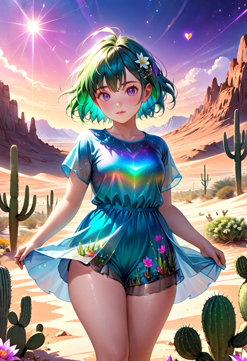 holographic 1girl, solo, thicc, chubby, fat, short sleeve shorts romper with flowy sheer skirt, vibrant colors, Multichrome shifts with (Purple) (Teal) (Green), super short realistic hair, Pixie haircut, Multichrome shift hair, desert on another planet background, backlighting, sunny, depth of field, by tsukioka tsukiho, absurd res, cactus, heart ahoge, Ultra realistic photo, (((masterpiece))), best quality, CG, wallpaper, HDR, high quality, high-definition, extremely detailed, {beautiful detailed girl}, {beautiful detailed eyes}, (detailed light){{intricate detail}}, {highres}, {{ young girl}}, Jewel-like eyes, {flowers}, sunlight, {{surrounded by floating lights}}, (((detailed gorgeous face)))