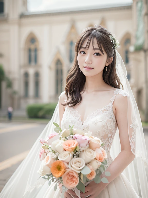 Photo-realistic quality、a woman in a Wedding dress holding a bouquet of flowers、Standing in front of the church、20 year old Japanese model、白のWedding dress,Hanae Mori style wedding dress、Japan idols at 20 years old、lace prom dresses、looking at the camera、Cute smile、Relaxed and gentle expression、holding a bouquet, Wedding dress, So magical and dreamy、80mm Lens aperture F2.Shot at 8、Narrow waist