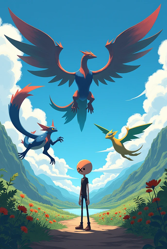 Picture a stickman character with a red cross mark on its face, standing in a vibrant Pokémon world. The background is a lush, colorful landscape filled with various legendary Pokémon—like Mewtwo, Lugia, Rayquaza, and Arceus—soaring through the sky or striking dramatic poses. The stickman might be looking up in awe or striking a dynamic pose, surrounded by the dazzling array of legendary Pokémon. The whole scene would be energetic and full of life, with the Pokémon world in full, fantastic detail.
