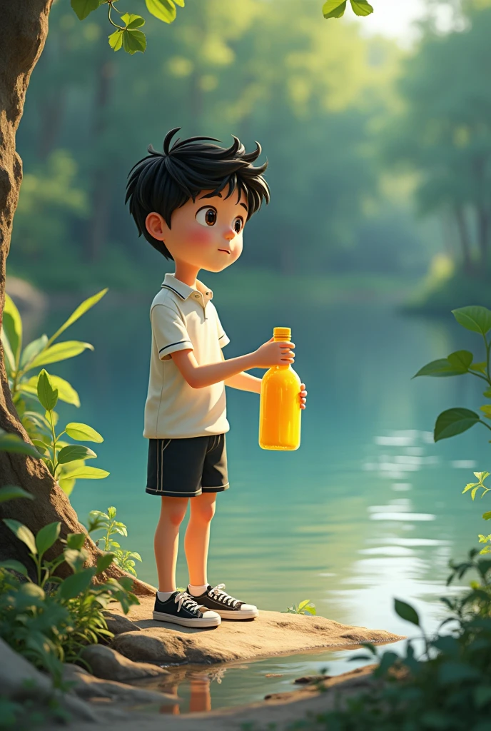 Nico 10 years old boy ( Brown eyes, black hair and white skin, He is wearing a white polo shirt, black shorts and black sneakers) He picks up the yellow bottle and holds it in his hand, thinking about what to do.