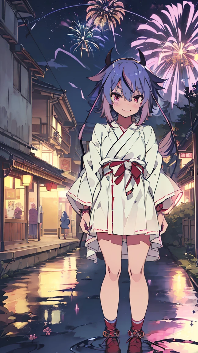masterpiece, Highest quality, High resolution, Very detailed,(((Mikoto Naruka))), (((In town)))、(((electric wire)))、(((laughing)))、(((Standing in the distance。))), (((Wearing a yukata。))), (((I have an electric guitar。))), Night Sky, (((firework))), (((crowd))), (((Blue Hair))), (((Multicolored Hair))), (((horn))), (((Pink Eyes)))