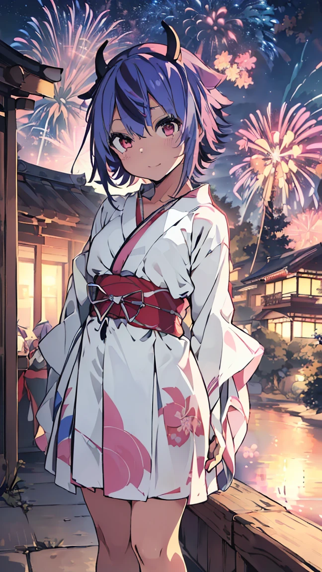 masterpiece, Highest quality, High resolution, Very detailed,(((Mikoto Naruka))), (((In town)))、(((electric wire)))、(((laughing)))、(((Standing in the distance。))), (((Wearing a yukata。))), (((I have an electric guitar。))), Night Sky, (((firework))), (((crowd))), (((Blue Hair))), (((Multicolored Hair))), (((horn))), (((Pink Eyes)))