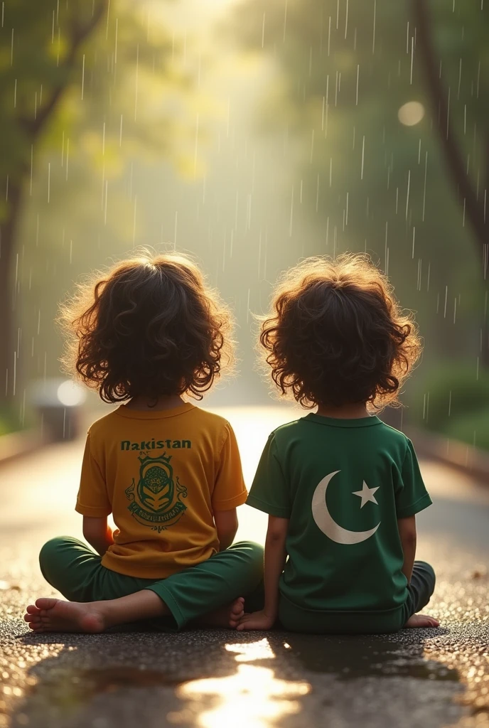 (photorealism:1.2), beautiful kids boys , sitting on  road wearing loose off-shoulder top, pakistan falg t shirts pants, long curly hair, , soft lighting, 
 background, rain and they going alone cozy relaxed pose, realistic, intricate details, warm colors, by Greg Rutkowski, by Alphonse Mucha