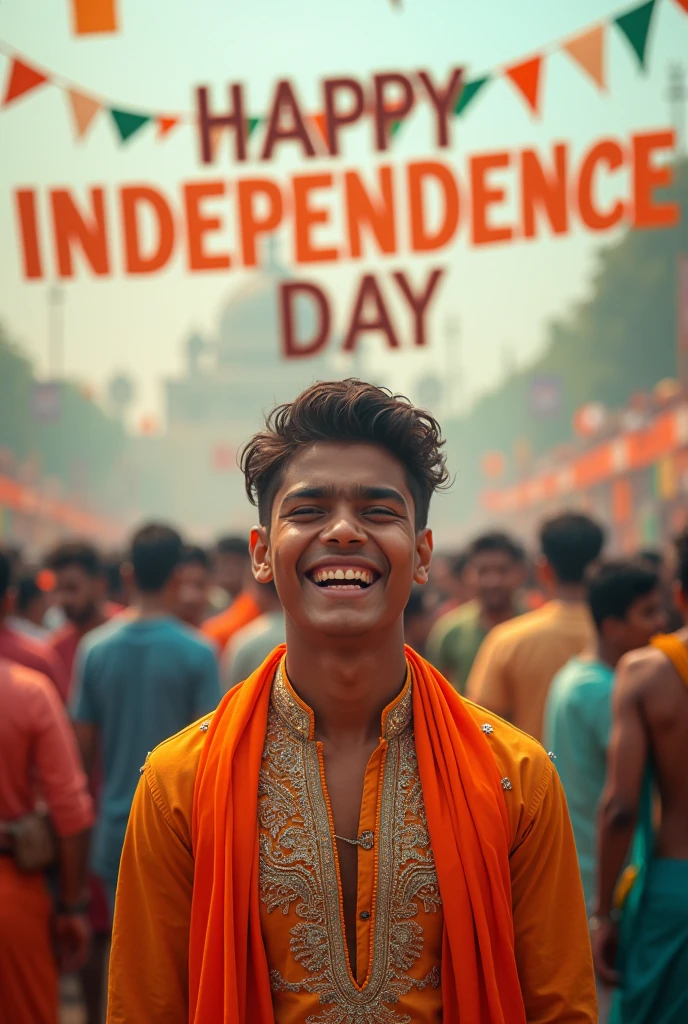 A real 20-year-old boy joyfully celebrates Indian Independence Day. He is wearing traditional Indian outfits with the name "Shamim" written on his attire. Above him, in the sky, the words "Happy Independence Day" are displayed in a bold font. The backdrop is filled with people celebrating, enhancing the festive and patriotic spirit of the day.