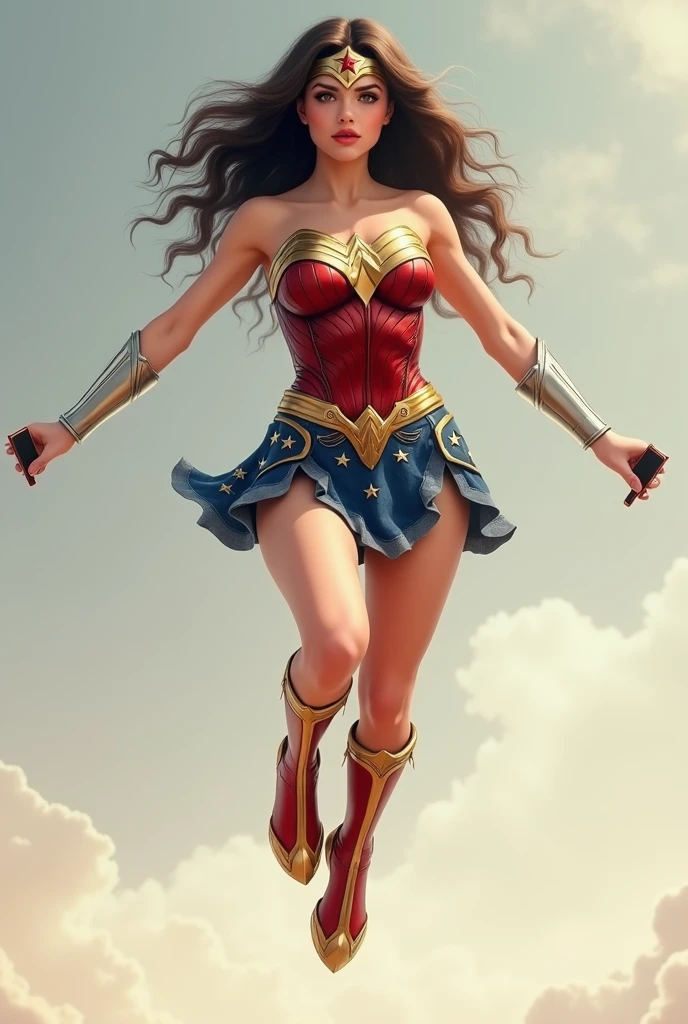 ((Full length photo, In the jump, one foot on the ground)) armenian girl as wonder woman, Brown eyes, long white hair, slightly plump body, Correct anatomy, Holding a phone in your hands, an epic fantasy, Digital art, masterpiece, 8 K, high definition resolution, detailed design, top quality, light background