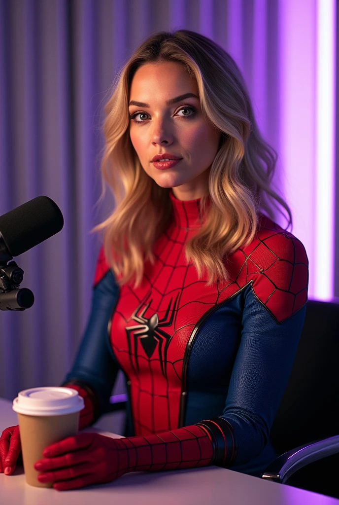 beautiful photo of scarlett johanssen, wearing a spideman costume, A stunning intricate full color photo of (sks man:1), epic character composition, by ilya kuvshinov, alessio albi, nina masic, sharp focus, natural lighting, subsurface scattering, f2, 35mm, film grainThe image shows an individual sitting at a desk with a microphone in front of them, suggesting they might be hosting a podcast, conducting an interview, or doing some other audio recording activity. The background features blurred purple lights, giving the setting a modern and tech-savvy vibe. There's also a disposable coffee cup on the desk, adding a casual touch to the professional setup.