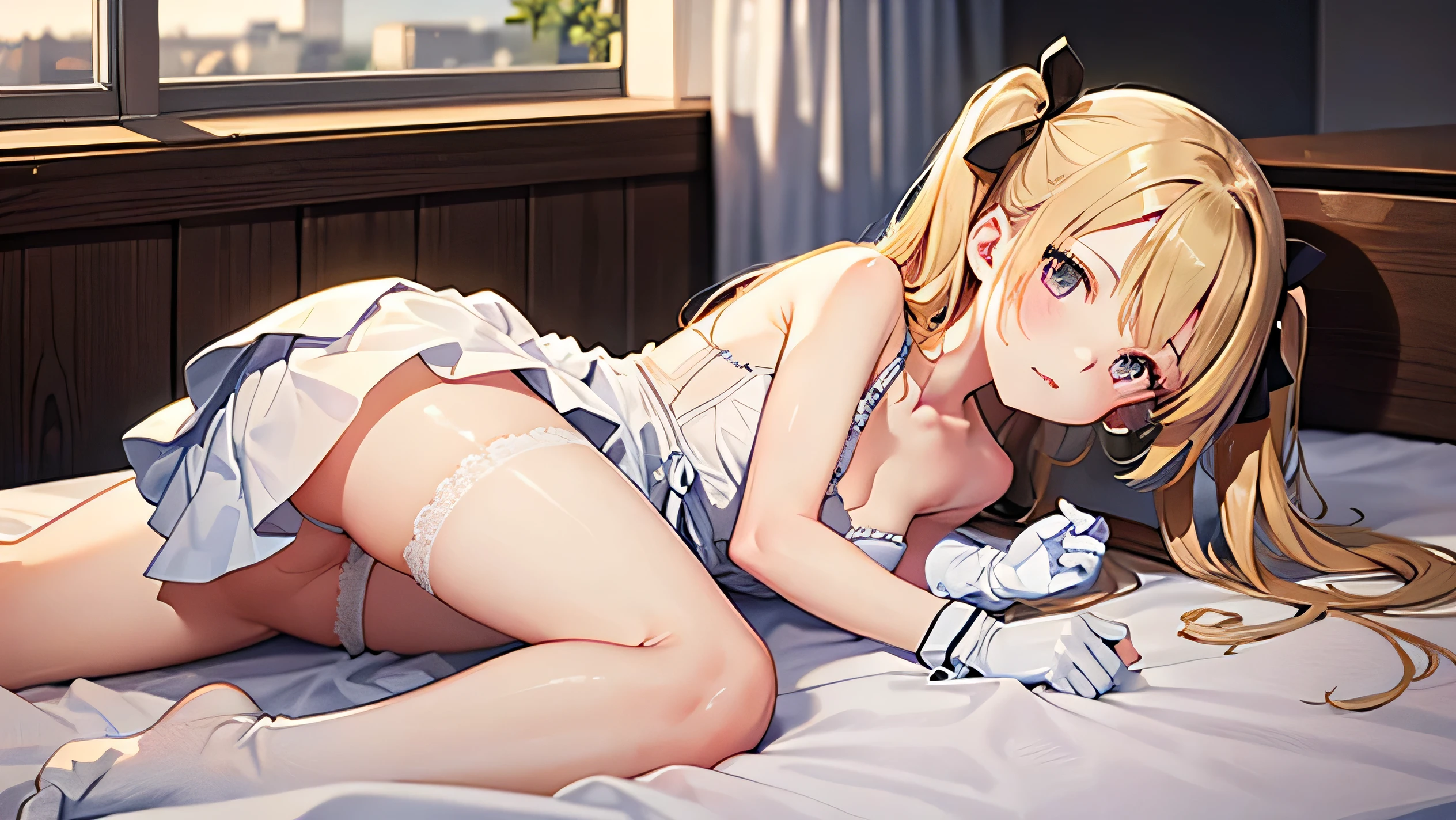HDR, 1 girl, 15-years-old girl, anime girl laying on a bed with a purse and a handbag, anime babie in white stockings, Twintail White_Gloves, pink twin-tale hair, gradation in hair (Light effect), change, top rated on pixiv, white cheeks, lecherous pose, Juicy peaches like humans, in dress, must, ink, beautiful details, beautiful collarbone, beautiful body, beautiful breasts, beautiful thighs, beautiful fingers, View viewers, 1 girl, Japanese, middle school girl, perfect face, (complete anatomy, anatomically correct), cute and symmetrical face, baby face, glowing skin, A slim figure suitable for a 13 year old, , Tsurupeta, masterpiece
