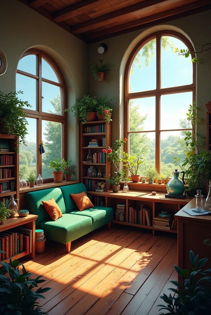 The inside of a square hut:
The hut consists of only one room, which looks like a mixture of living room, Workroom and laboratory. Colorful plants stood on the window sills of the two large arched windows. On the wall opposite the door stood a small green sofa surrounded by bookshelves. On the left side in front of the window was a large desk made of dark wood, on which some books were scattered. Opposite it stood a kettle and a few shelves with corked glass flasks. 
