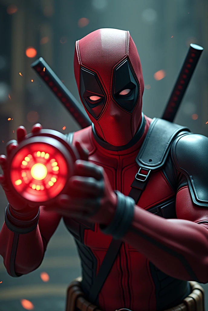 Deadpool grabbing the arc reactor with his hand